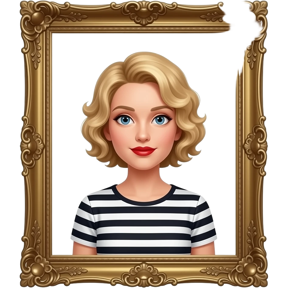 short blonde tight curly hair bob inside an antique frame in red lipstick and black and white striped boat blouse emoji