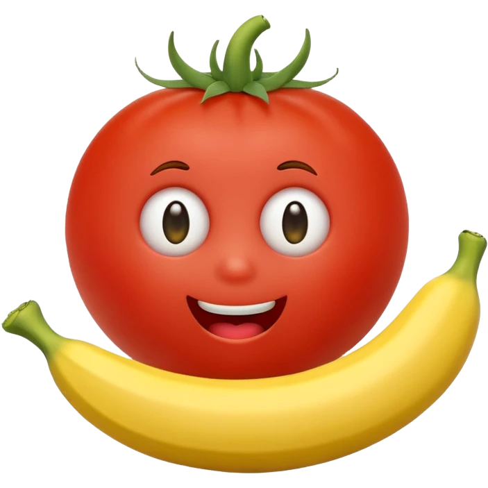A cute tomato with a face eating a banana emoji
