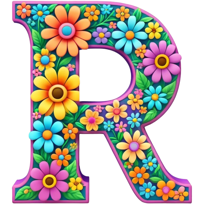3D style, psychedelic colored Letter A with hippie style flowers emoji