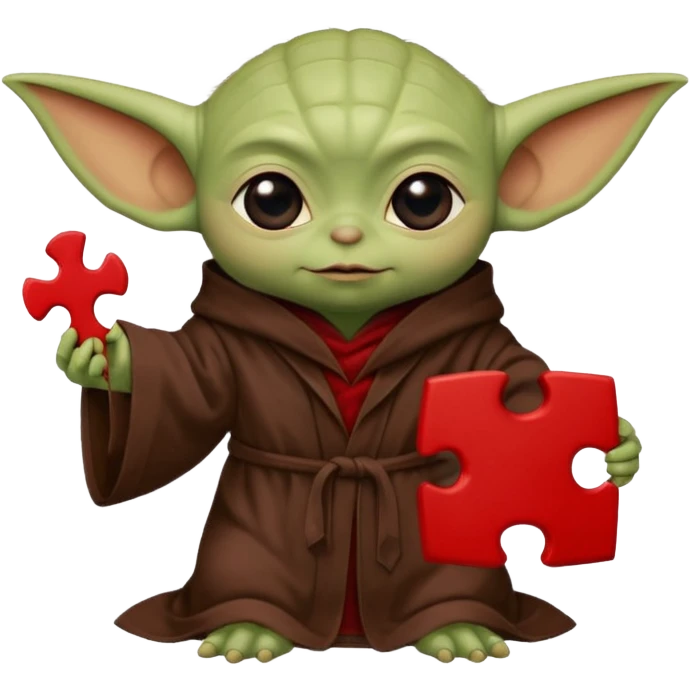 Baby Yoda con su tunica clasica chocolate sosteniendo una pieza de rompecabeza color rojo que diga Valores emoji