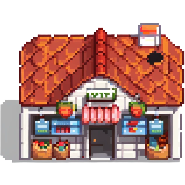 isometric supermarket building with red tiled roof, store entrance, and small parking area emoji