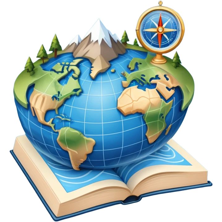 an icon featuring an earth with attitude and longitude lines, a textbook, and a topographic map, symbolizing geography as a science. The design includes a compass, mountain ranges, and rivers, representing the study of Earth's features and landscapes. Transparent background highlights geography. emoji