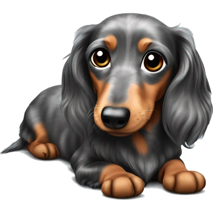 Laying On his back. Long haired dapple dachshund, tan, gray & black. Full body  emoji