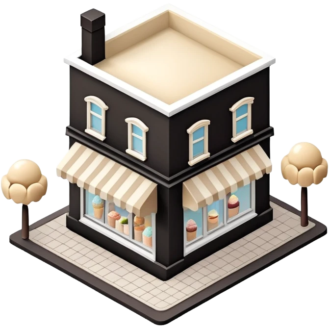 Isometric exterior little black, beige, and white gelato ice cream shop, dollhouse style 3D realistic  emoji