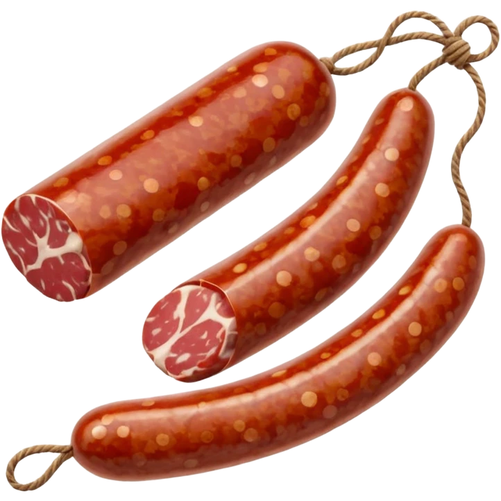 dry-cured sausage rustic white-mottled casing tied with string sliced end showing marbled red meat and white fat a few round slices beside glossy speckled texture irregular edges soft lighting emoji scale emoji