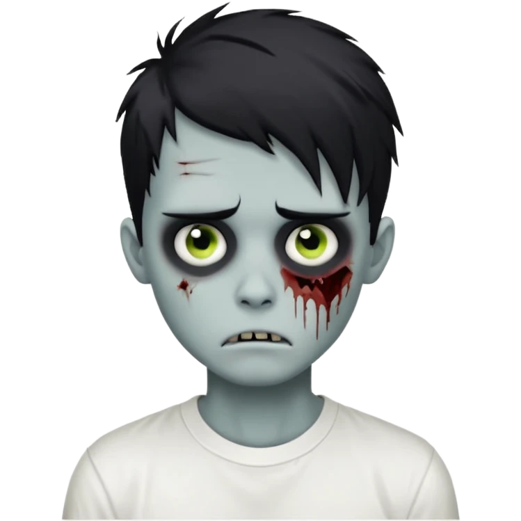zombie boy with messy black emo hair, white shirt, dark circles under eyes, classic emoji style emoji
