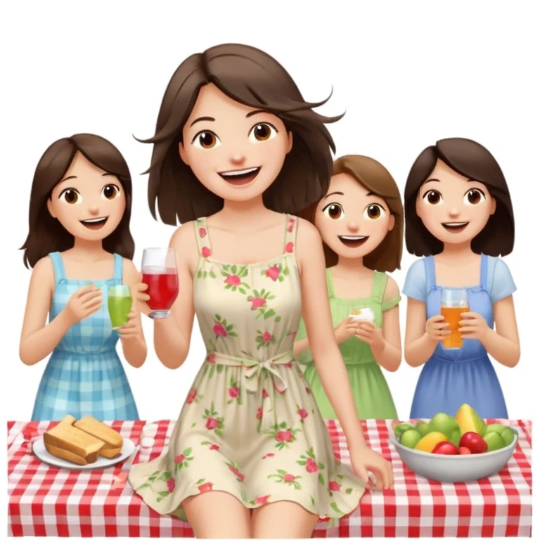 A brunette with straight hair laughs among friends at a picnic, wearing a light summer dress, her hair messy from the wind emoji