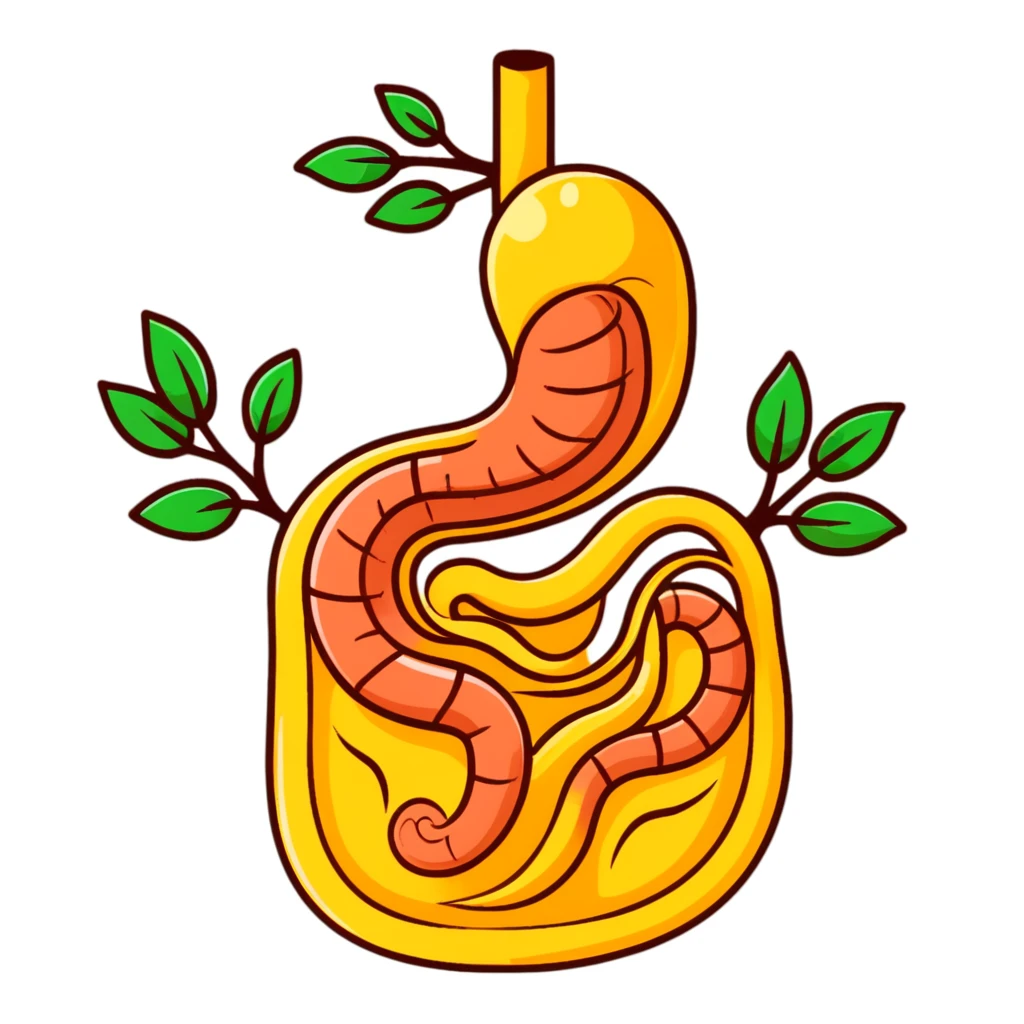 Cute simplified human digestive system diagram with stomach and intestines, surrounded by golden wheat stalks and green leaves. Bright healing particles moving through the digestive tract, showing food digestion and cleansing process emoji