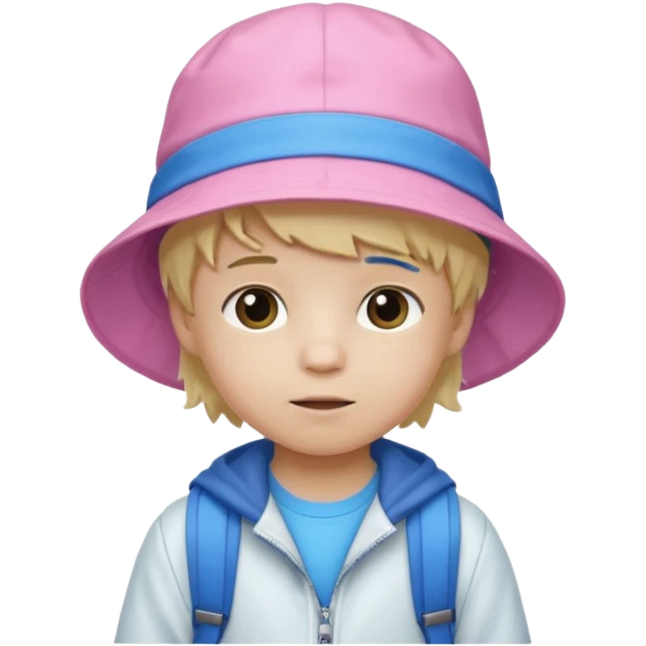 A little boy student white skin, blonde hair, with pink bucket hat, white jacket, blue backpack emoji