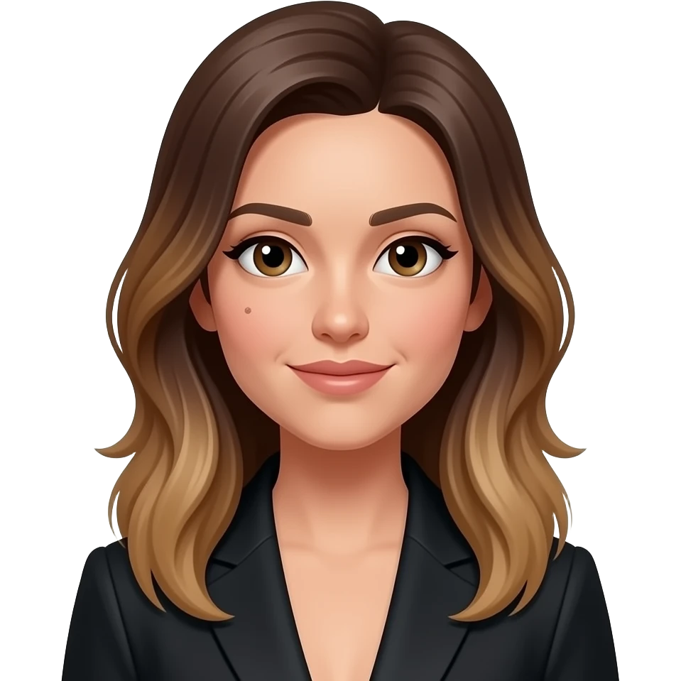 woman-with-black-suit-valayage hair long and warmth skin color,light dark skin big nose and shape big faces and has small pimple in left , i also have the mole in face near nose small one,put pimple in face mole in face emoji