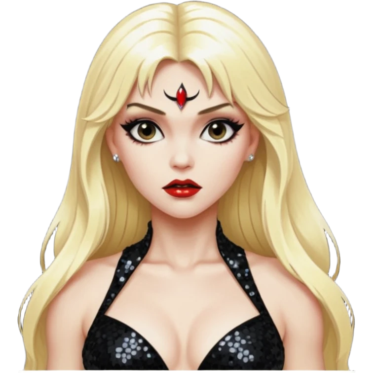 Draculina from Vampirella with long blone hair, black sequin outfit emoji
