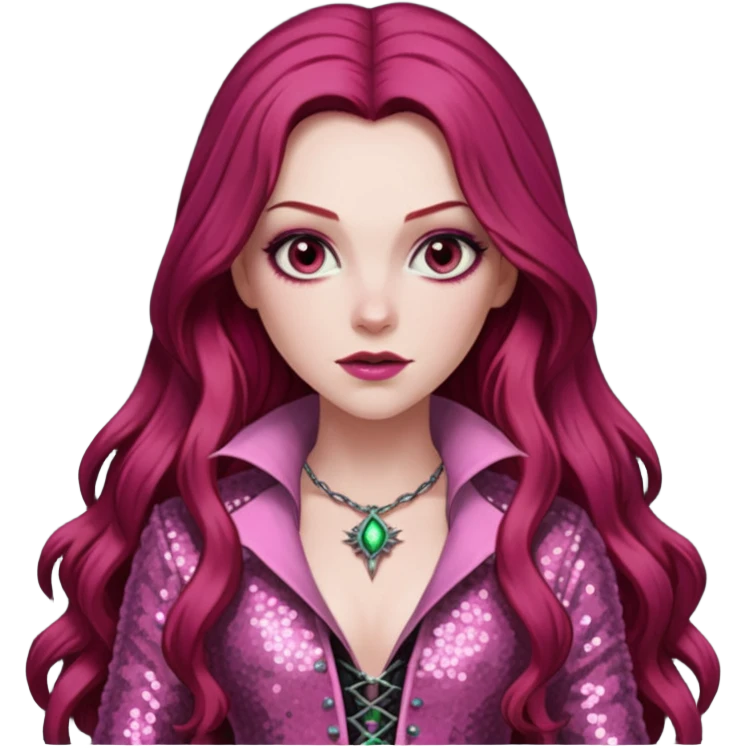 Aleera from Van Helsing with long dark red hair, pink sequin outfit emoji
