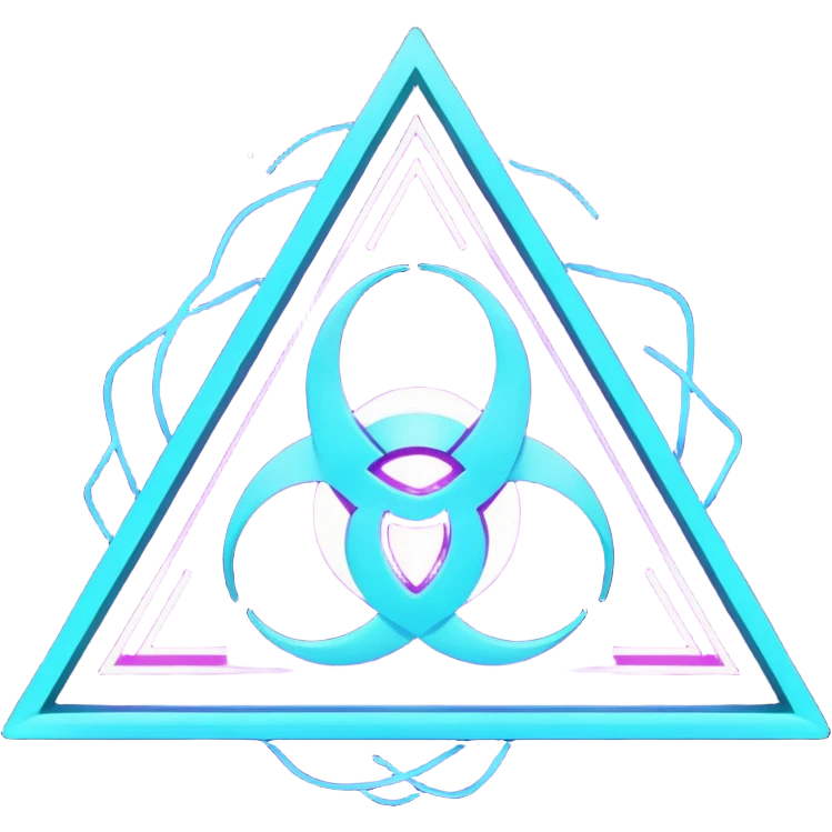 futuristic minimalistic logo icon, glowing triangle formed by three merging neon energy streams representing Storm, Atom, and NoizeGames, neon purple (#8B5CF6) and cyan (#00E0FF), dark background, unity and harmony design, no face, 1:1 aspect ratio emoji