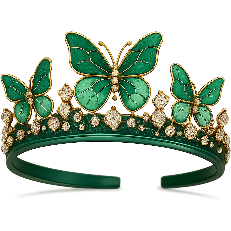 butterfly crown with a forest green base, just two or three emerald and mint green enamel butterflies, sparkling gems emoji