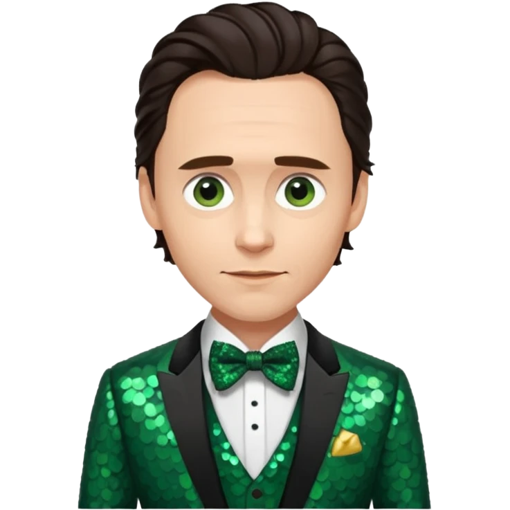 Tom Hiddleston with dark brown hair, dark green sequin suit with bow tie emoji