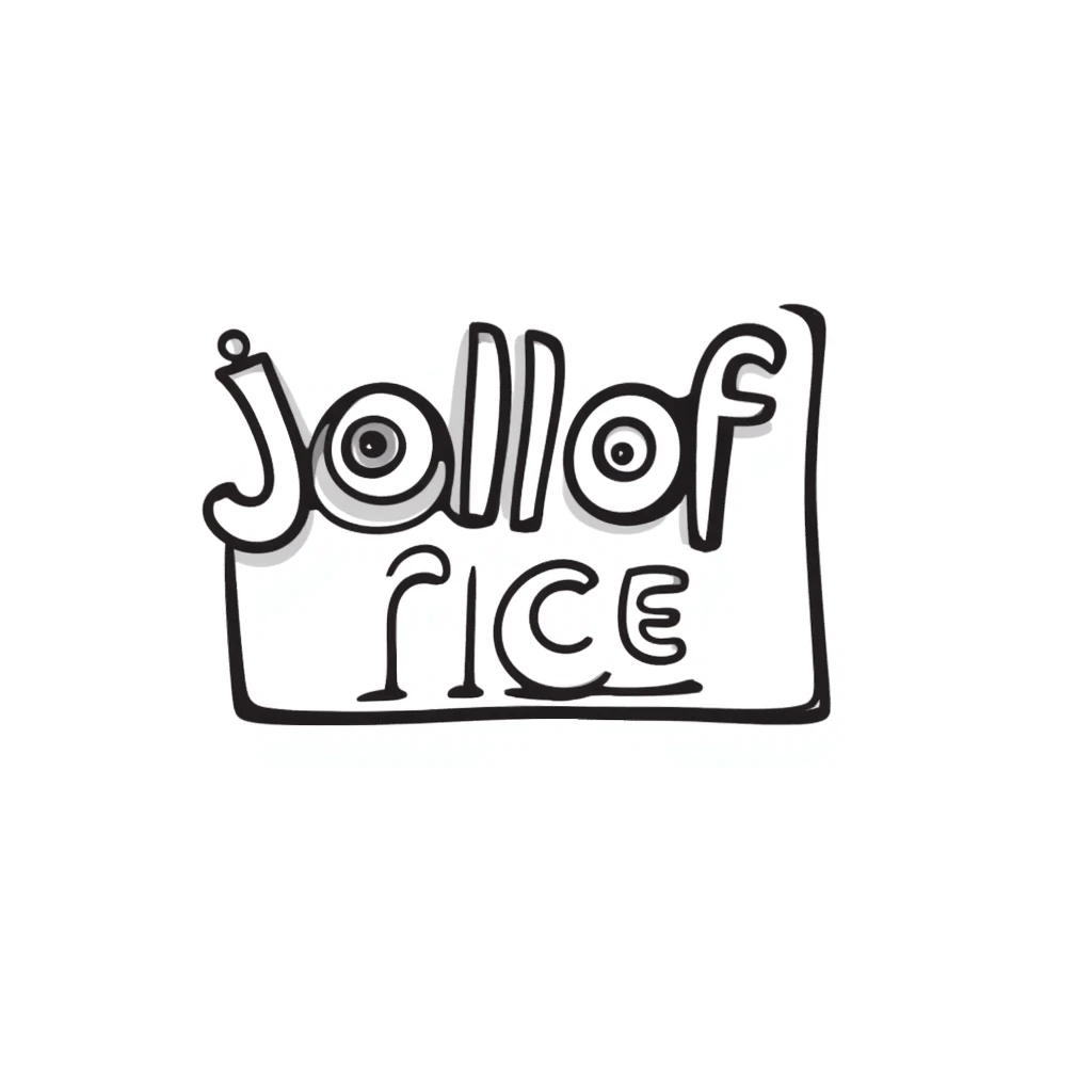 a sign with the text 'jollof rice', clear and legible, playful and inviting emoji