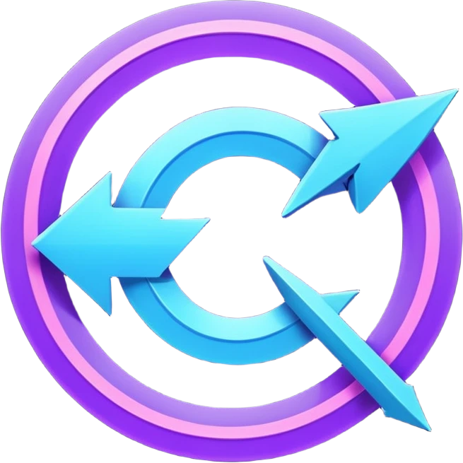 Futuristic retry arrow: an open curved neon arrow forming almost a circle but leaving a gap, clear restart motion. Glowing blue and violet Virtuosa colors, soft Ovi-like floating shape, playful high-tech style, luminous semi-matte texture. No text. Full background.
 emoji
