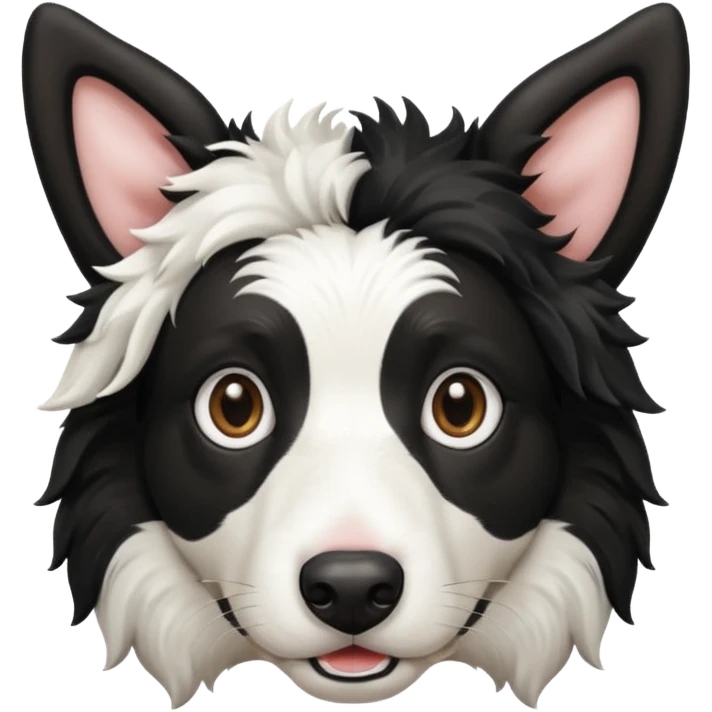 A black and white border collie has cow's horns. emoji