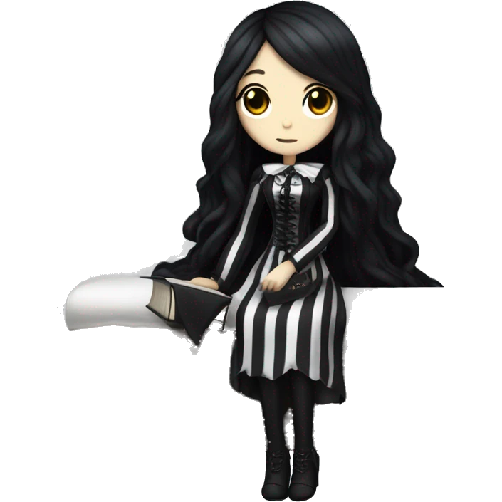 A gothic-style fumo plushie girl with long black hair in a black coffin with a white cushioned interior. She wears a striped black-and-white dress. Nearby is a white desk with dark books and an antique lamp. emoji