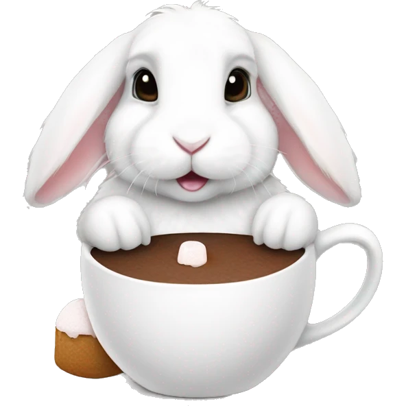 White mini lop rabbit drinking marshmallow hot chocolate from a mug emoji