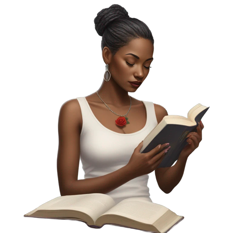 Hyper Realistic beautiful woman model with a small rose tattoo reading a book  emoji