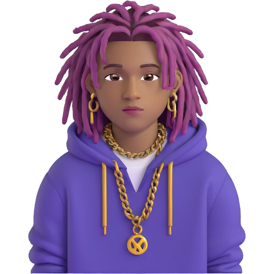 Juice WRLD with purple dreadlocks, designer hoodie, gold chains, and signature style emoji