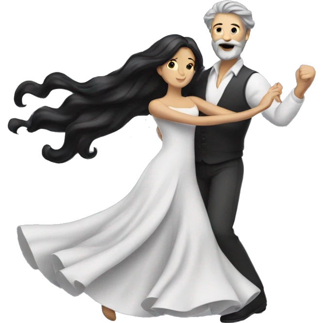 woman with long black hair and man with gray hair and beard dancing waltz emoji