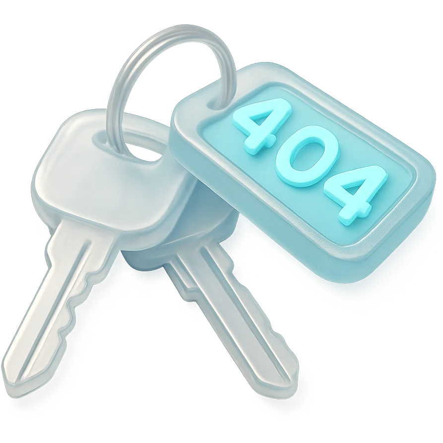 A set of 3D rendered car keys with a distinctive key fob displaying "404" in a light sky blue #ace8de emoji
