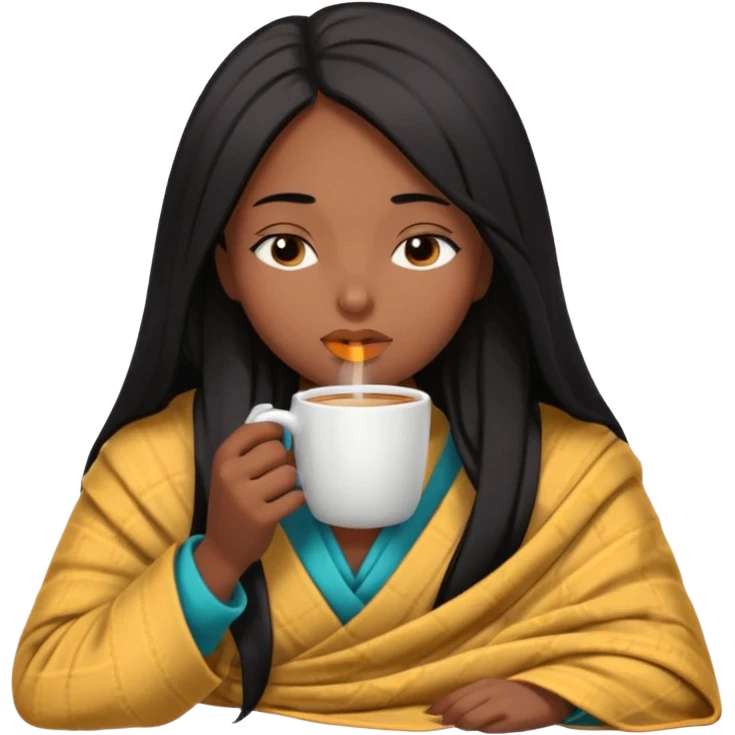 Chocolate brown girl with long straight jet black hair inside a blanket sipping coffee eyes closed emoji