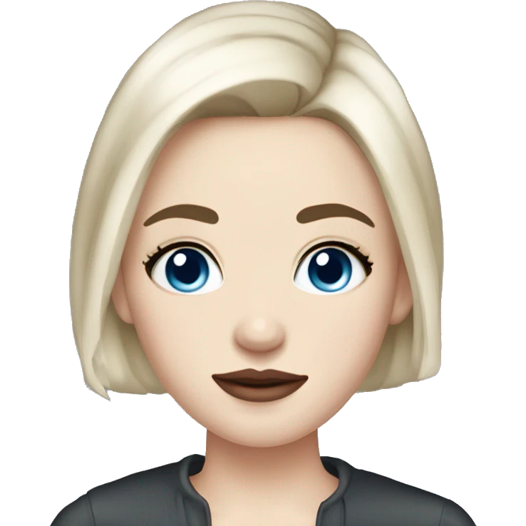 young woman with pale skin, blushed cheeks, big blue eyes, thin lips, short black hair,long lashes,a bit eyeline emoji