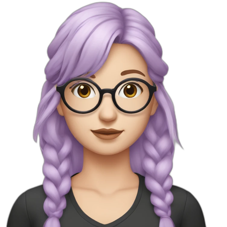 White girl with light purple hair with Ponytail and Split bangs in 3 and rounded frame pastel pink glasses and pastel blue with a black shirt emoji