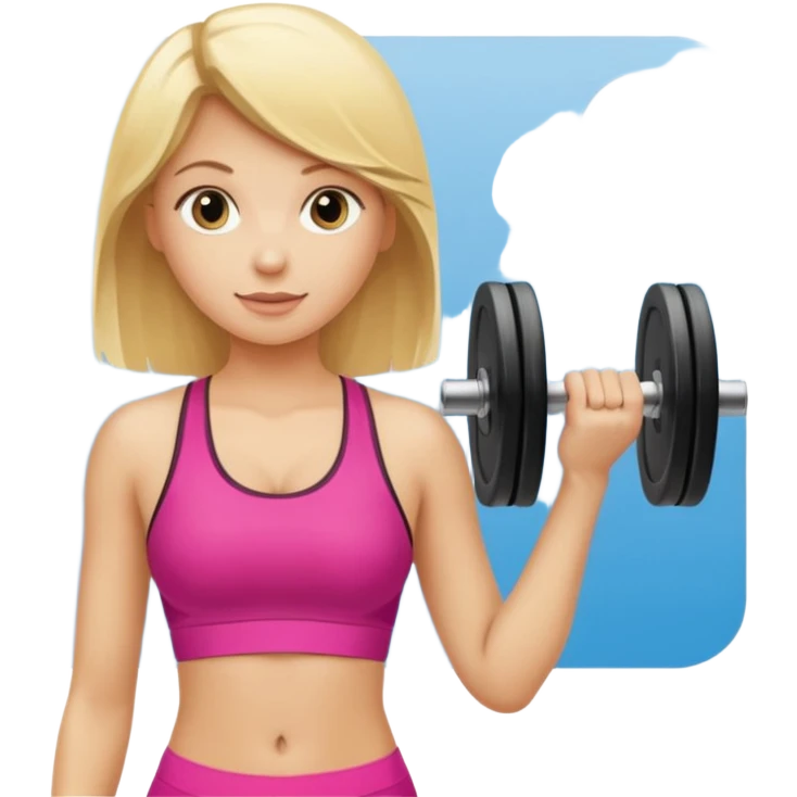 blondes Mädchen, das gerne ins Fitnessstudio geht, stark, sportlich, lächelnd, mit Hanteln oder Fitness-Accessoires emoji