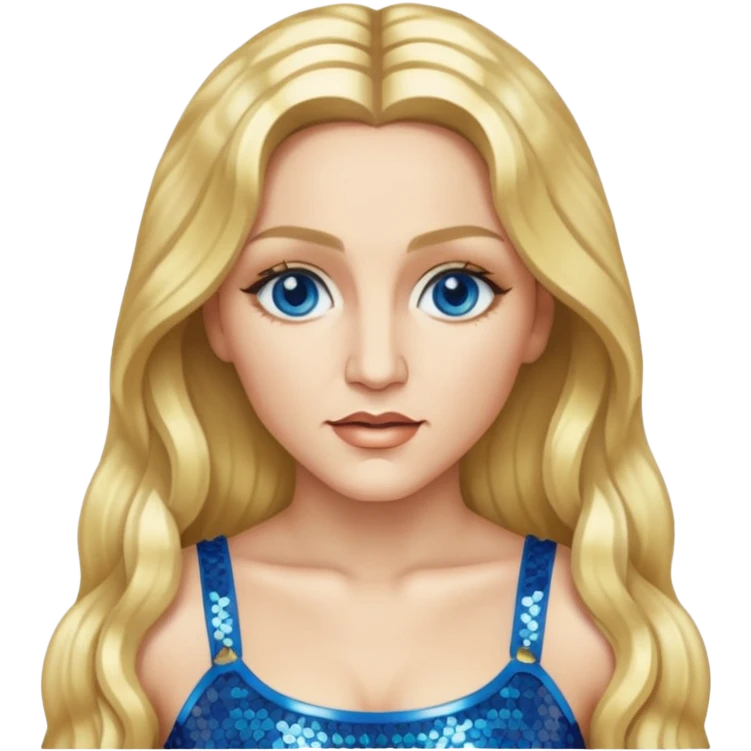 Madonna with blonde long hair, gold sequin crop top, blue eye emoji