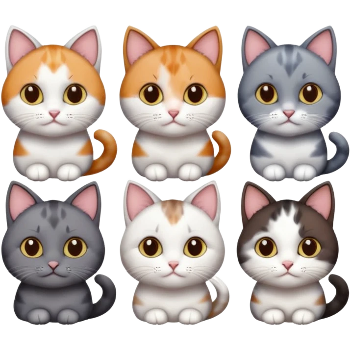 5 different coloured short haired cats including; a dark brown and white cat, and a dark grey and white, and a calico emoji