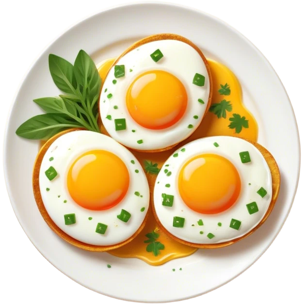 Cinematic sunny-side-up eggs, perfectly cooked with glossy yolks, crispy golden edges, sprinkled with fresh herbs, served on a rustic plate, bright and inviting, highly detailed and appetizing. emoji