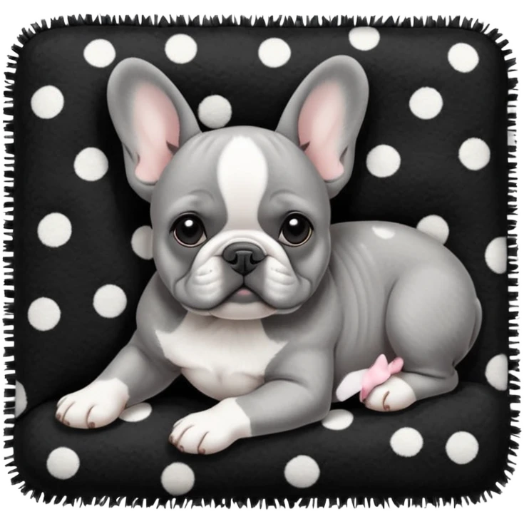 Gray French bulldog puppy with white belly, wearing black and white polka dot bow, taking a nap on a black color fuzzy rug emoji