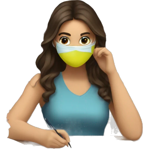 Brunette female studying textbooks with face mask on emoji