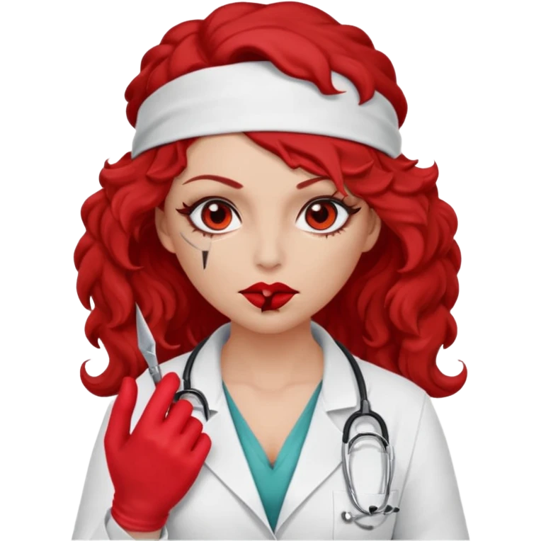 Lilith scalpel in hand, evil surgeon sexy surgeon clothes.  She has red eyes. She brown long curly hair. Wears sexy doctor outfit with red gloves. Hides mouth necknose with red bandana to hide her identity. Hair is long and brown emoji