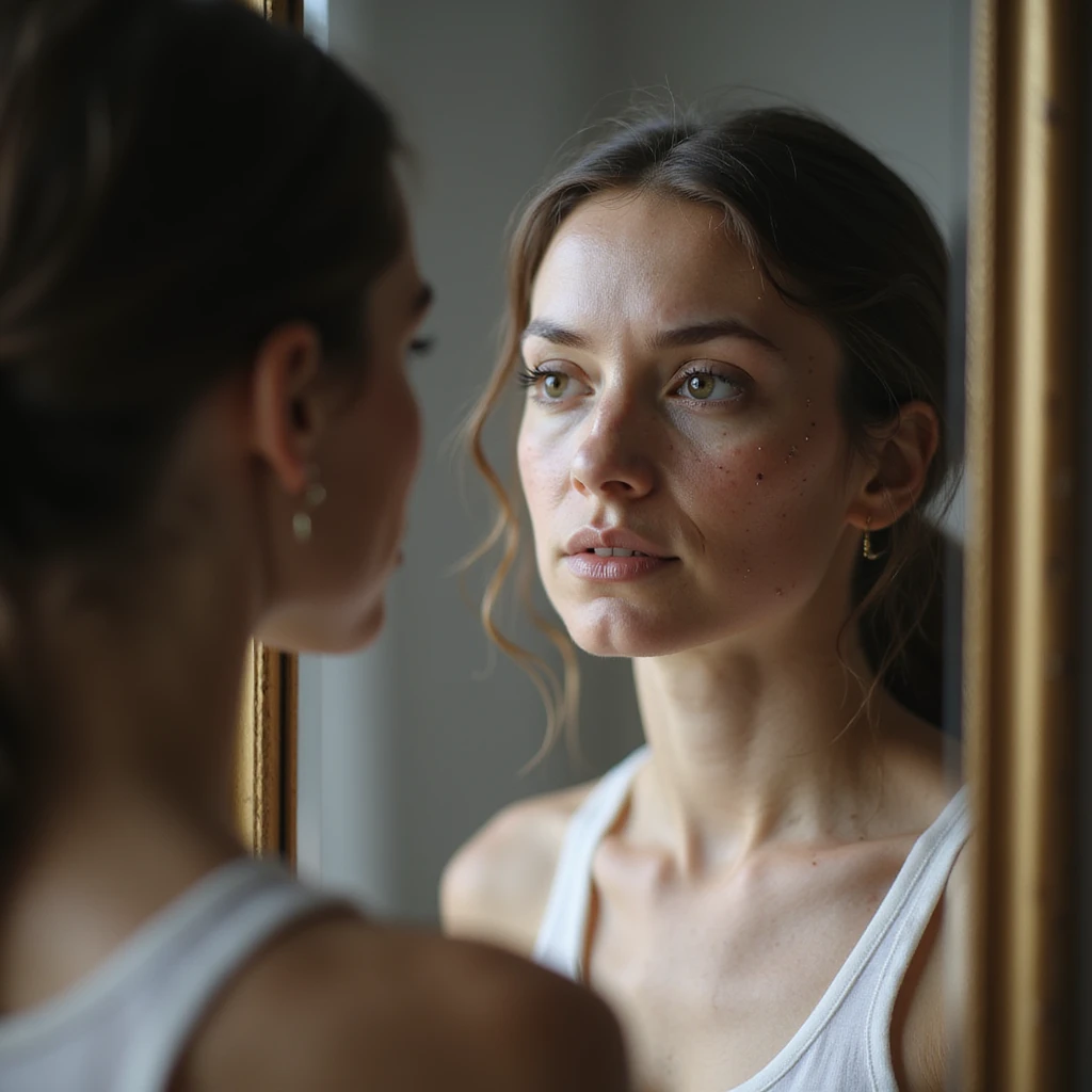 woman with PCOS looking at herself in the mirror, attention to facial hair areas and acne, thin hair, hyperrealistic 4K details, domestic environment emoji