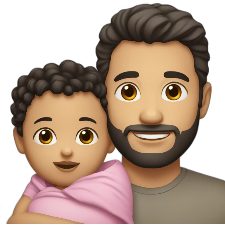 White guy holding a baby girl. The guy has short black hair, brown eyes and a short beard. The baby is a little girl with curly black hair and big brown eyes. emoji