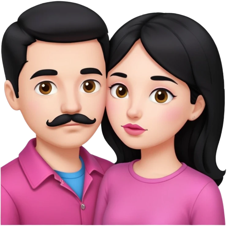 White couple kissing, boy with a mustache and black hair, the girl with long black hair in pink clothes emoji