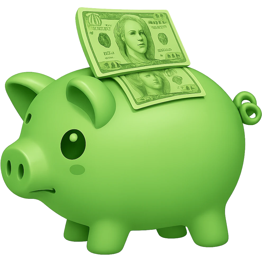 Change the color of the piggy bank and money to a green lettuce shade, maintaining the original style and details, with no background. emoji