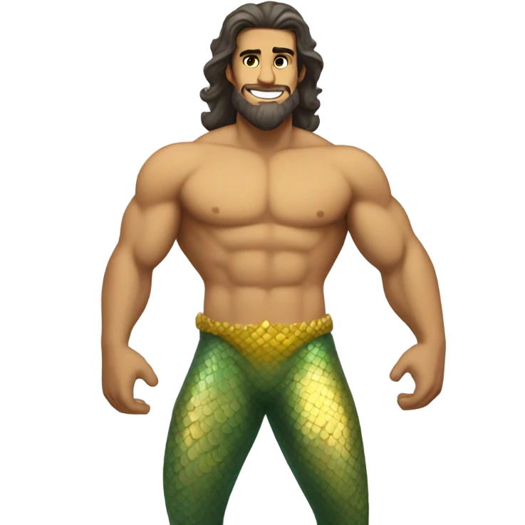 Tan muscular merman with yellow mermaid tail, dark hair and stubble  emoji