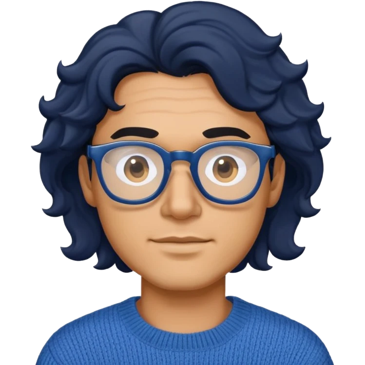 Man with wavy black hair in a comfortable blue sweater and glasses emoji