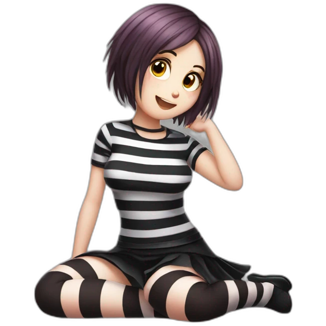 Full body Front view curvy emo girl sits on the floor straight view hands up black skirt striped stockings emoji