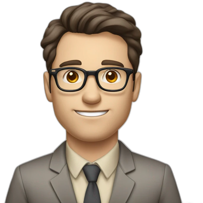 Pale skinned fit man with dark brown hair in gray jacket, beige office shirt, brown tie, brown pants and vintage glasses Writing text on the flipchart emoji