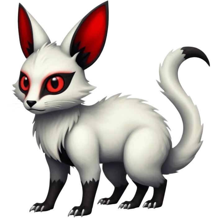 a white exotic edgy vernid-fionbr-Fakémon-creature, with black belly and red eyes, full body emoji