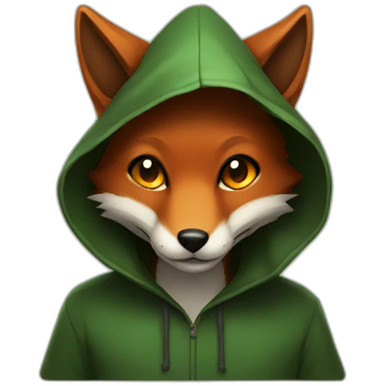 small dark brown fox with orange eyes and a dark green hood that smile emoji