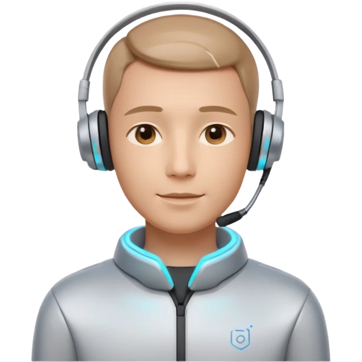 AI Call Agent holo-human-like Cyber AI face, warm, calm and friendly. Holographic look.Soft AI face with a listening, welcoming expression, minimal facial lines, calm eyes. Light headset. Man. emoji