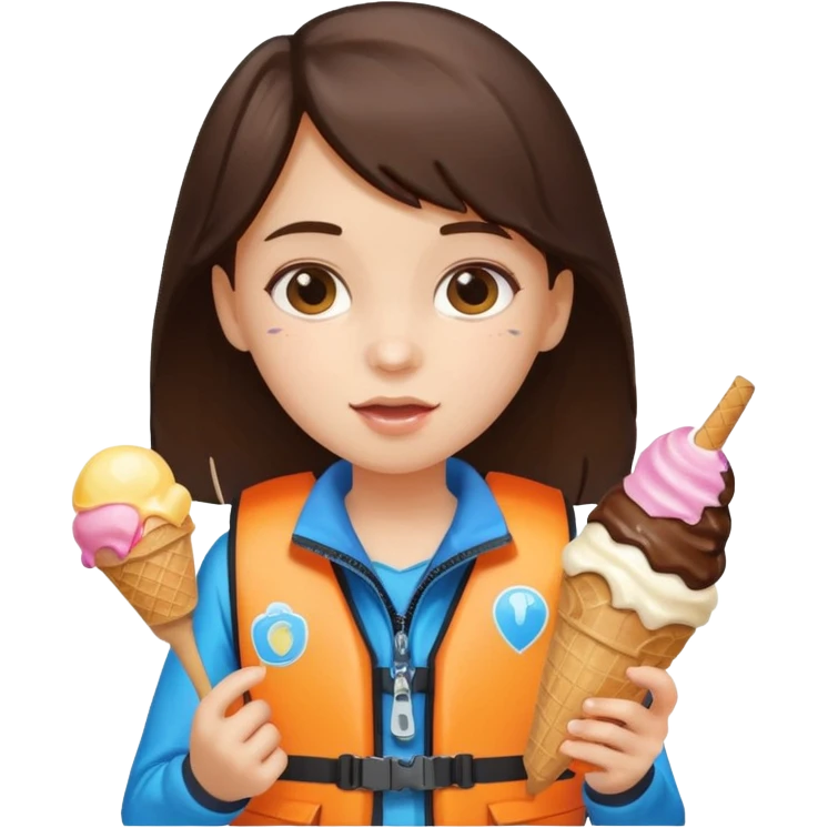 girl brunet kid wearing lifejacket, holding ice cream emoji